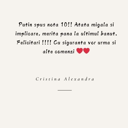 Putin spus nota 10!! Atata migala si implicare, merita pana la ultimul banut. Felicitari !!!! Cu siguranta vor urma si alte comenzi ❤️❤️